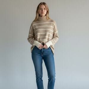 Adrienne Vittadini 2-Ply Cashmere Turtleneck Sweater Womens Sz S Beige Striped